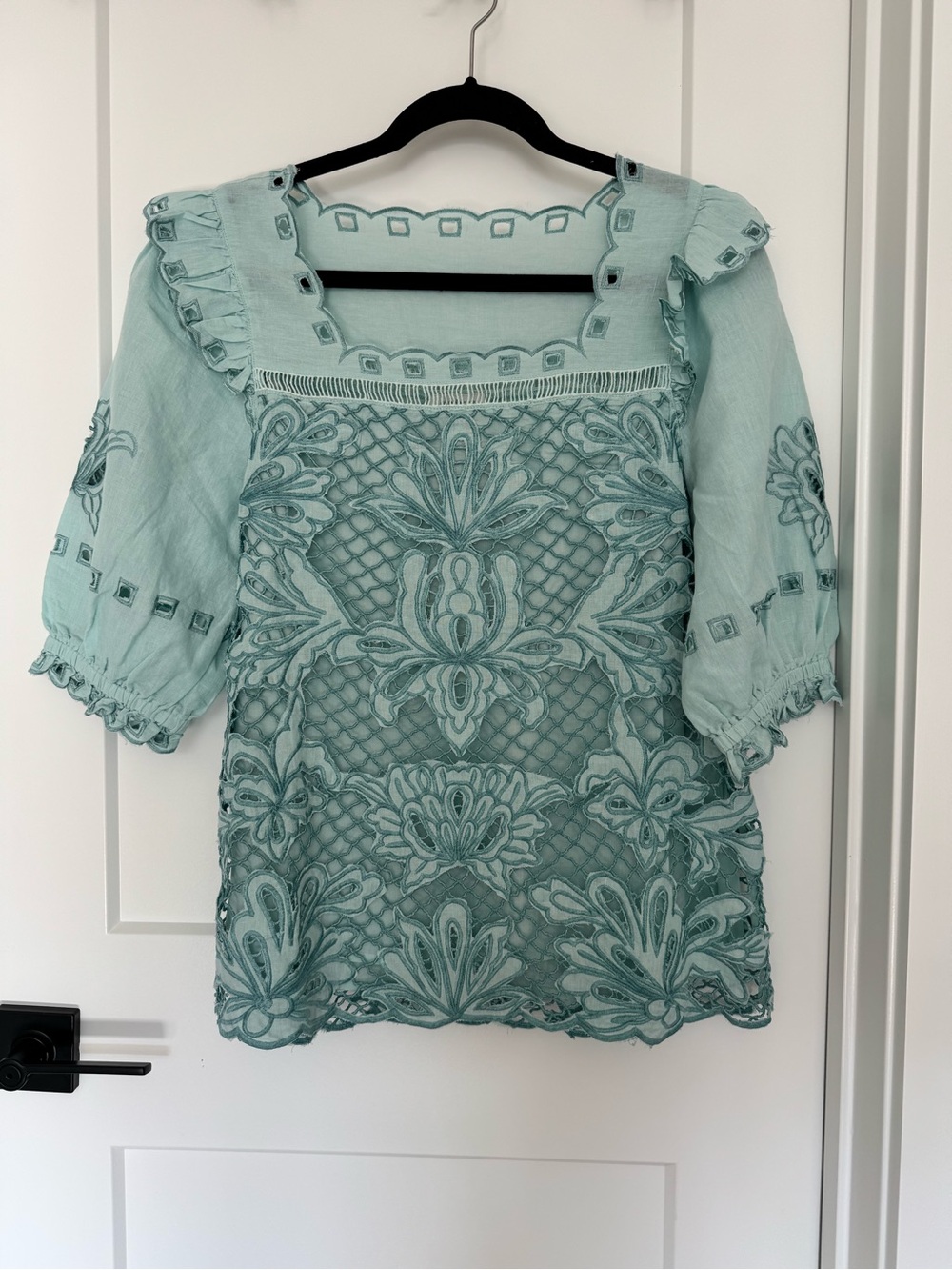 NWT Sundance Crochet Lace Puff Sleeve Linen Cotton Blouse Top Blue Size M - Picture 3 of 12